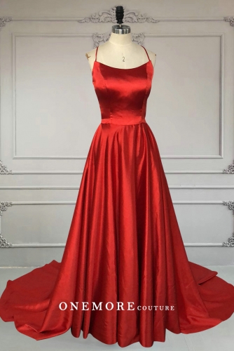 Sexy Backless Long Red Satin Prom Dress with Slit