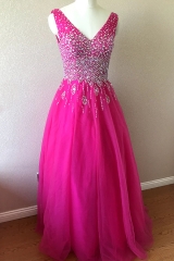 Hot Pink Beaded V Neckline Tulle Prom Dress