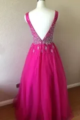 Hot Pink Beaded V Neckline Tulle Prom Dress