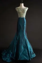 Teal Blue Mermaid Taffeta Prom Dress with Beaded Top
