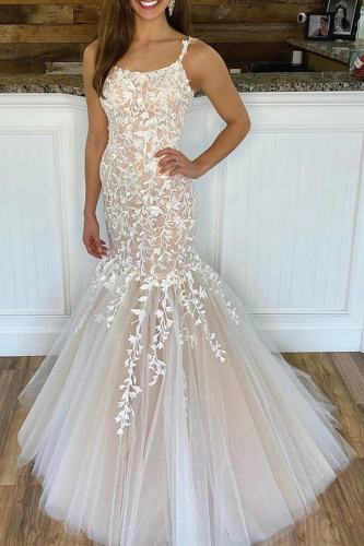 Sexy Champagne Mermaid Lace Wedding Dress
