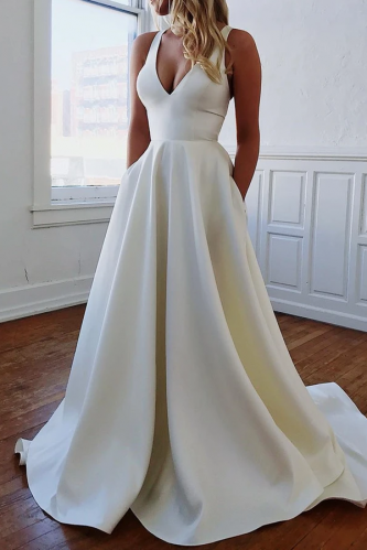 Simple Ivory Backless Silk Satin A Line Wedding Dress