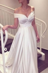 Simple Ivory A Line Satin Wedding Dress with Cap Sleeves