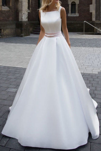 A Line White Mikado Wedding Dress with Low Back