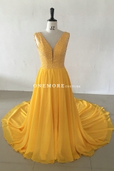Bright Yellow Beaded Chiffon Dress with Long Train