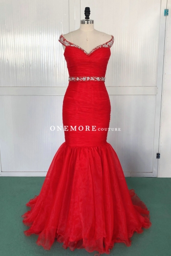 Red Beaded Off Shoulder Mermaid Organza Pageant Dress