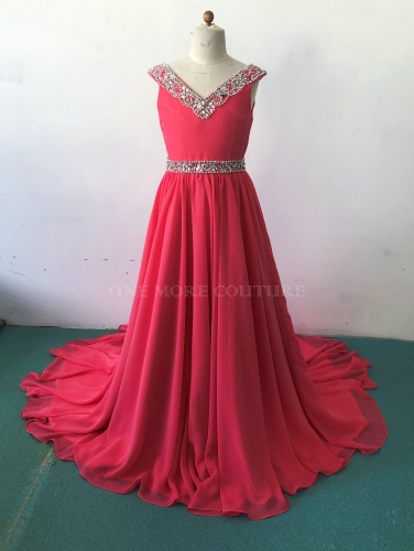Coral Pink Beaded V Neckline Chiffon Pageant Dress for Kids
