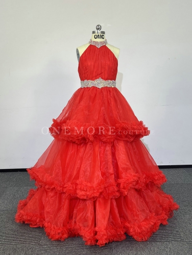 Red Halter Neck Organza Dress with Layered Skirt
