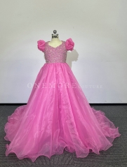 Pink Organza Pageant Gown with Beaded Top and Sleeves