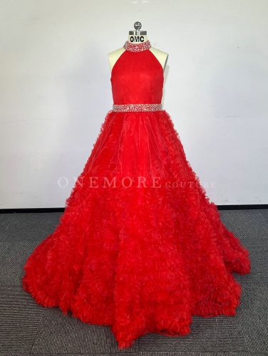 Red Organza Ball Gown with Ruffled Skirt and Stoned Belt