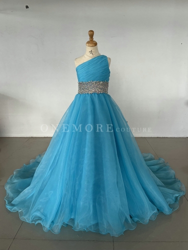 Blue One Shoulder Organza Gown with Fully Stoned Belt