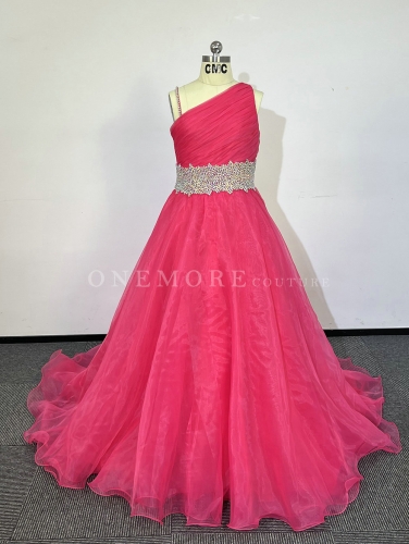 Hot Pink One Shoulder Gown with Stoned Belt