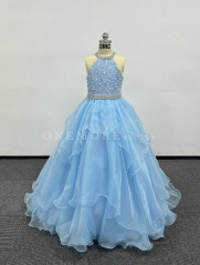 Light Blue Sequin Gown with Layered Organza Skirt