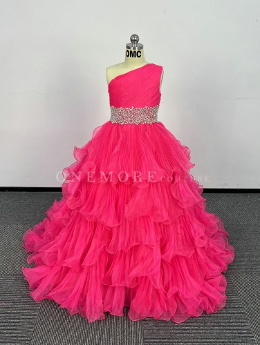 Hot Pink Pleated One Shoulder Pageant Gown with Stones