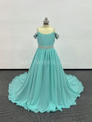 Blue Chiffon Gown with Stoned Belt and Off Shoulder Straps