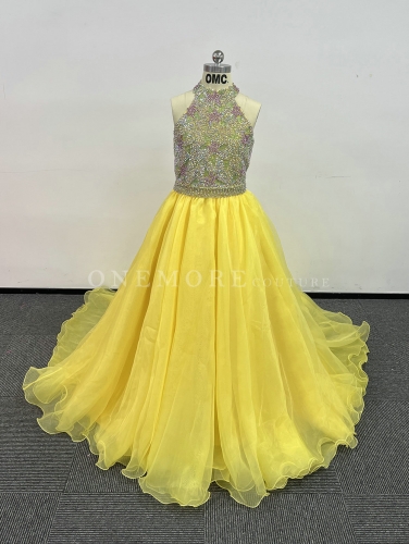 Yellow Beaded Organza Pageant Gown with Keyhole Back