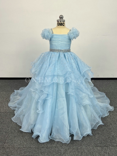Light Blue Organza Pageant Gown with Puffy Sleeves