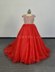 Red Fully Stoned Organza Pageant Gown with Cap Sleeves