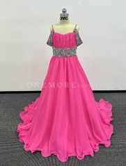 Flowy Chiffon Pageant Gown with Stoned Waist and Straps