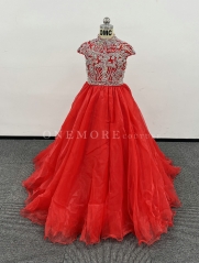 Red Organza Pageant Gown with Heavily Stoned Bodice