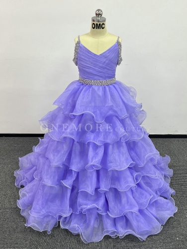 V Neck Lavender Organza Pageant Gown with Layered Skirt