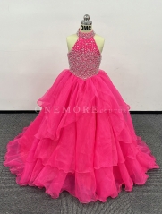 Hot Pink Pageant Gown with Ombre Stoning Top and Layered Skirt