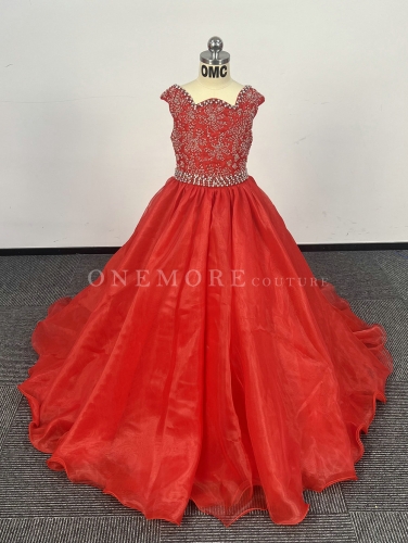 Red Organza Pageant Ball Gown with Beaded Bodice