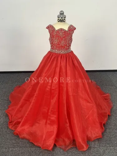 Red Organza Pageant Ball Gown with Beaded Bodice