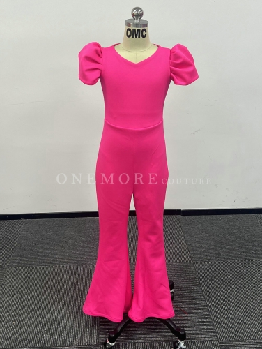 Hot Pink Jumpsuit with Puffy Sleeves and Flared Leg