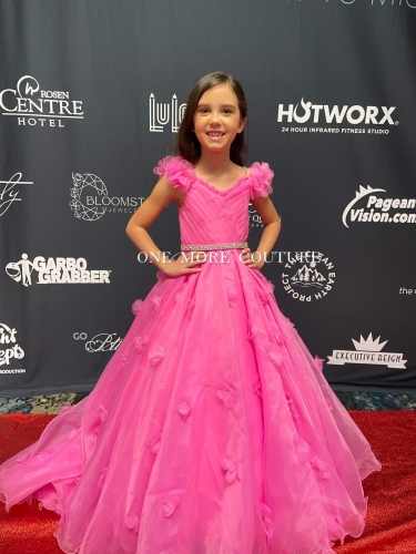 Pink Girl's Pageant Gown with Stoned Petals On Skirt