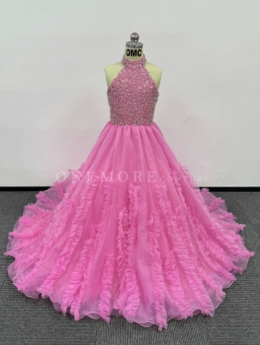 Light Pink Pageant Gown with Fully Stoned Top and Frill Skirt
