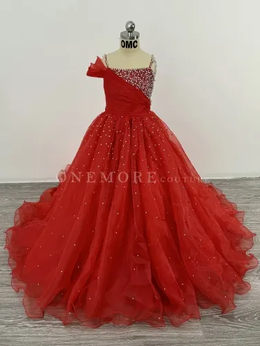 Red Organza Pageant Gown with Stoned Bodice