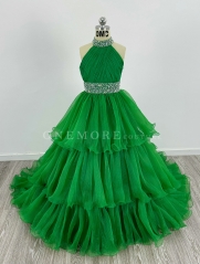 Bright Green Halter Top Pageant Gown with Layered Skirt