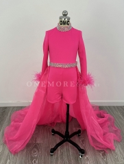 Long Sleeves Hot Pink Romper with Feathers and Overskirt