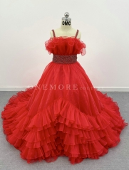 Red Ruffled Pageant Gown with Stoned Waist