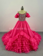 Stoned Hot Pink Organza Pageant Gown with Ruffles