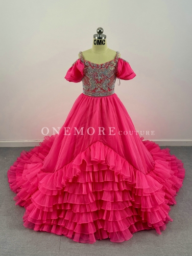 Stoned Hot Pink Organza Pageant Gown with Ruffles