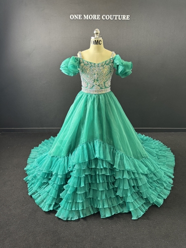 Teal  Ruffled Pageant Gown with Stones and Puffy Sleeves