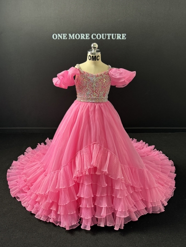 Light Pink Ruffled Pageant Gown with Stones and Puffy Sleeves