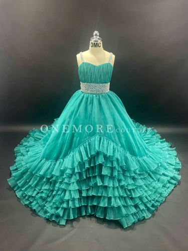Teal Green Organza Pageant Gown with Stoned Belt and Ruffled Skirt