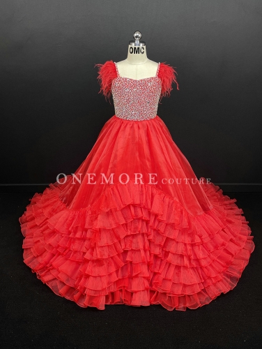 Red Stoned Pageant Gown with Feather Straps and Ruffled Skirt