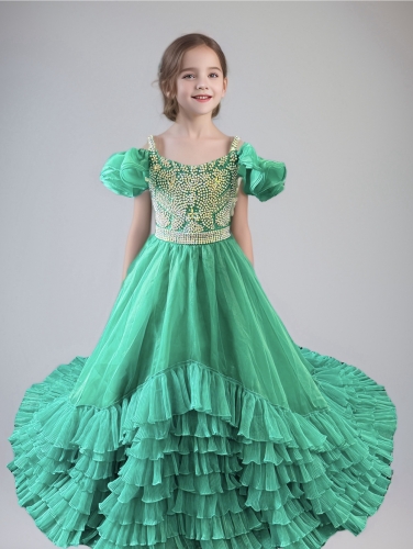 Teal  Ruffled Pageant Gown with Stones and Puffy Sleeves