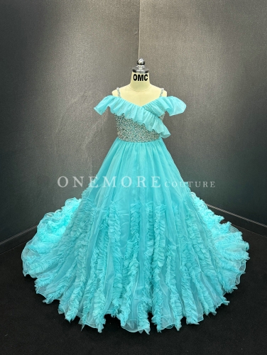 Aqua Blue Beaded Pageant Gown with Ruffles