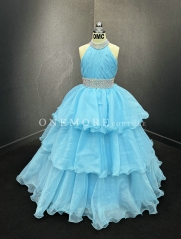 Blue Pageant Gown with Stoned Belt and Layered Skirt