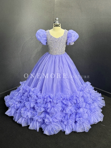 Perwinkle Color Pageant Gown with Beded Bodice and Puffy Sleeves