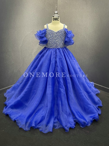 Royal Blue Organza Pageant Gown with Fully Stoned Top and Puffy Sleeves