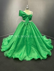 Green Organza Ball Gown with Cute Bow and Stoned Belt