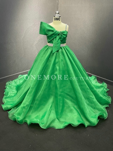 Green Organza Ball Gown with Cute Bow and Stoned Belt