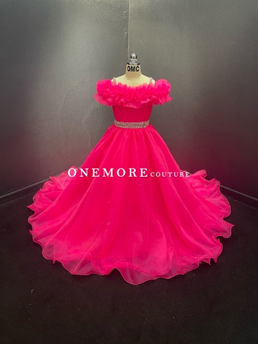 Hot Pink Organza Pageant Gown with Ruffled Neck and Stoned Belt