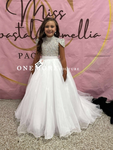 Beaded White High Neck Pageant Gown with Cape Sleeves